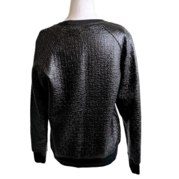 Theory 38 Black Faux leather Shiny Dressy Crew Neck Sweatshirt Top Medium - Picture 4 of 7